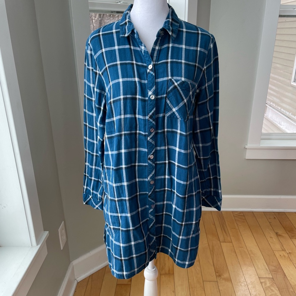 J. Jill Teal Navy Blue Plaid Tunic Length Flannel Button Down Shirt Size Small